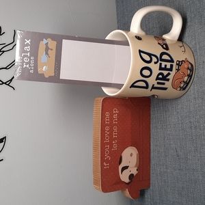 Set Coffee Tea Cup Mug Listpad Notepad Block Sign Shelf Sitter Dog Tired Relax